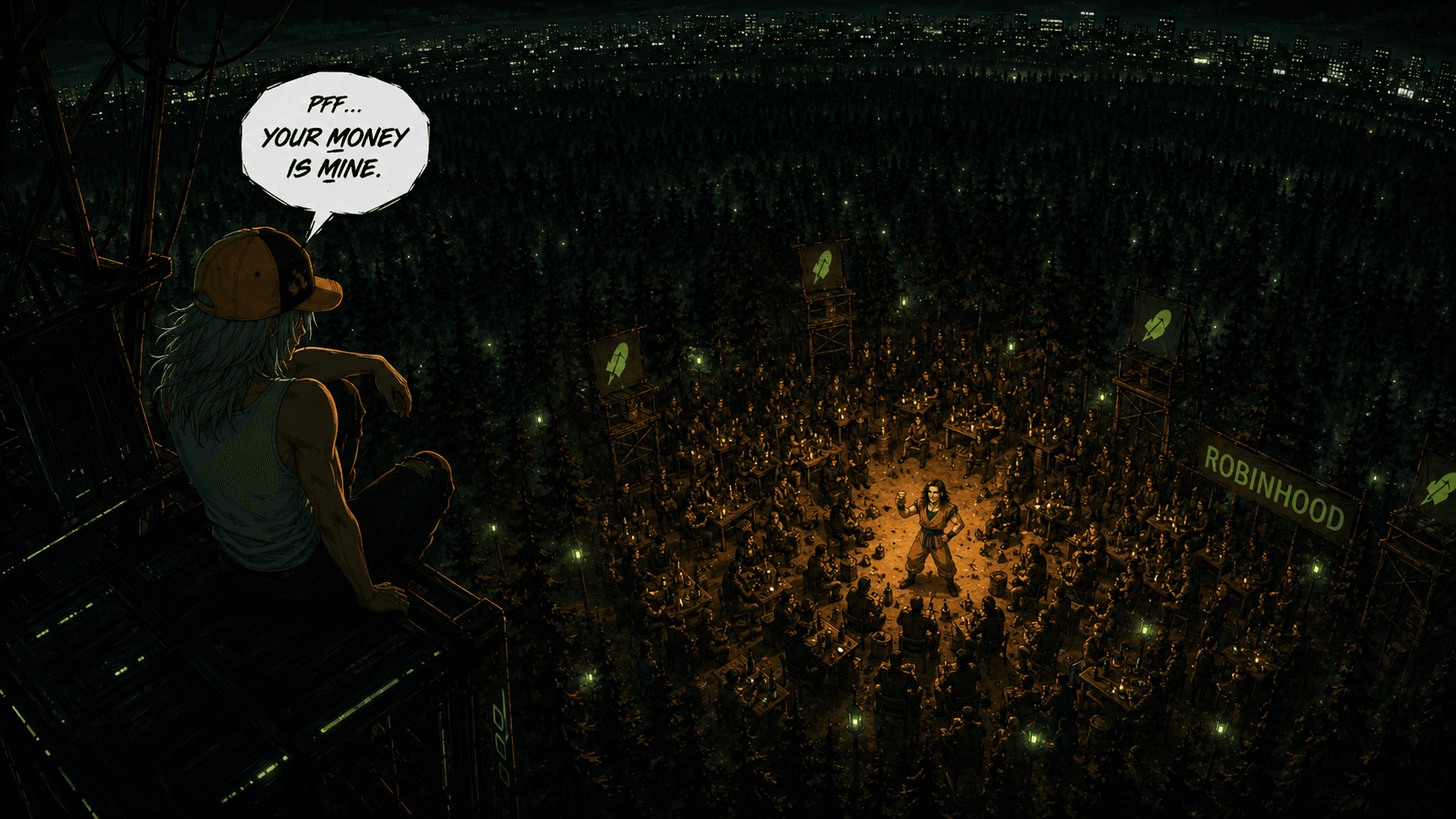 Alon watches Sherwood — Robinhood's lantern-lit gathering deep in the forest